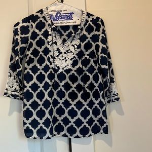 Talbots Navy blue blouse with white beads around front and sleeves.
